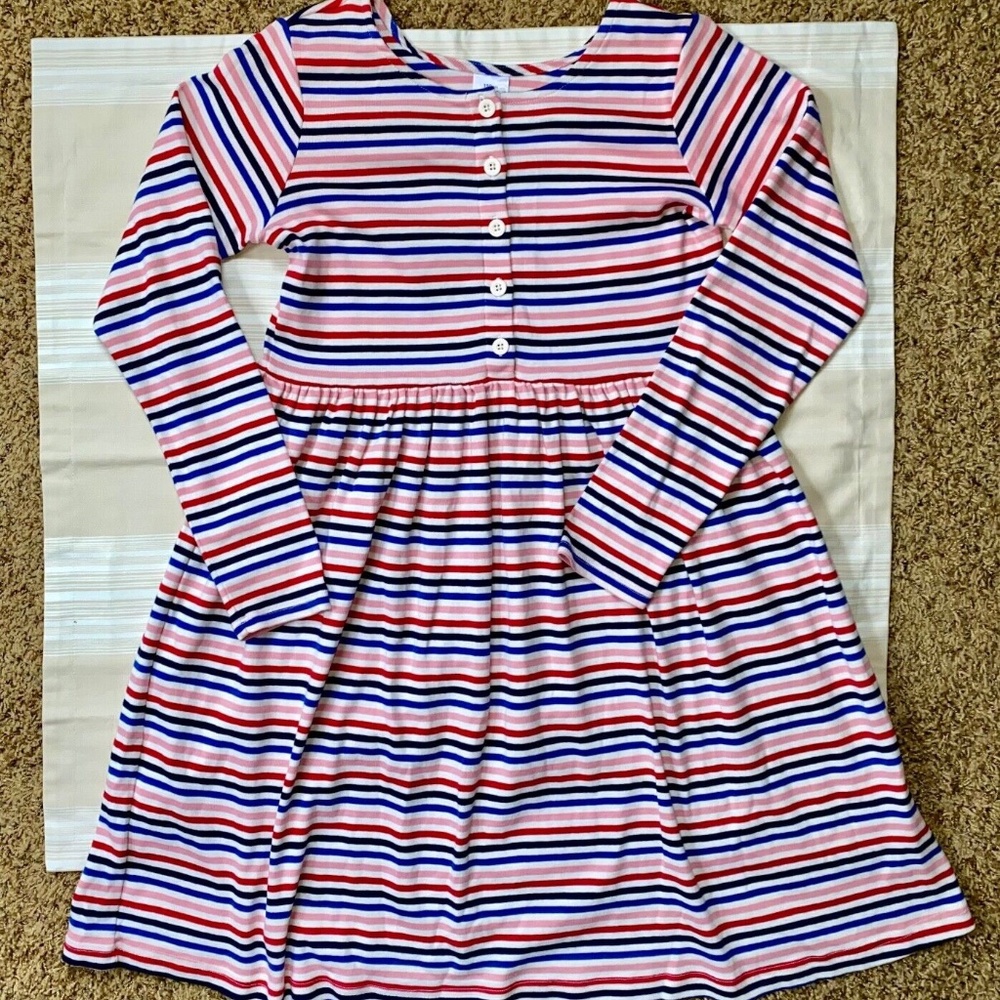 Hanna Andersson Girls 12 Red Pink Blue White Stripe Long Sleeve Dress Sz 150